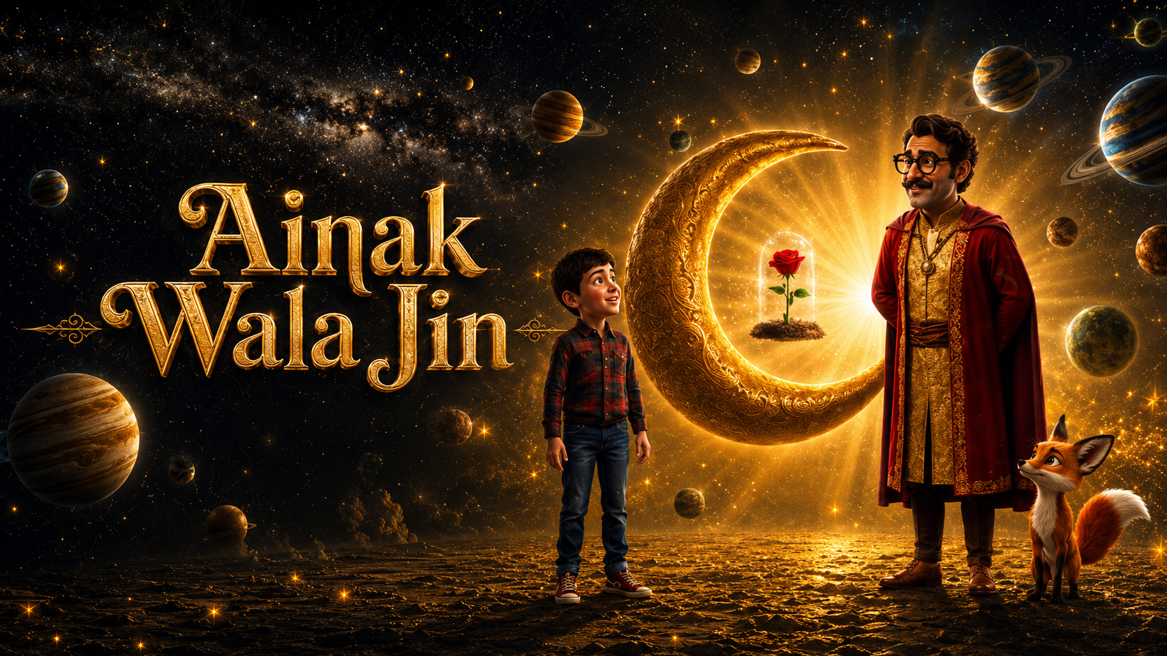 Pakistan’s iconic 90s fantasy television classic has been officially reimagined into the country's first fully AI-generated feature film, Ainak Wala Jin. Directed by Farhan Khan, the movie releases nationwide on July 24, 2026, blending nostalgic childhood adventures with cutting-edge artificial intelligence animation.The official AI-generated poster for the film captures the magical realm of Qaf and the heartwarming, larger-than-life presence of the beloved characters. At the forefront of the artwork stands Nastoor Jin, the iconic, spectacled genie, brought to life with a vibrant, otherworldly glow. Flanked by his faithful human friends and other classic favorites like Zakoota Jin and Bill Batori, the poster evokes a striking balance between retro 90s fantasy and modern cinematic spectacle. Rich in deep, magical hues of midnight blue, mystical purples, and shimmering gold, the visual emphasizes the cinematic journey of friendship, courage, and imagination. The centerpiece of the poster is the glowing, enchanted magnifying glasses that frame Nastoor Jin’s spectacles, subtly revealing miniature, sprawling landscapes of Kokaf in the background. With entirely AI-composed music and modern visual rendering, the promotional artwork serves as a bridge connecting the original cult-classic viewers with a brand-new generation of digital audiences.
